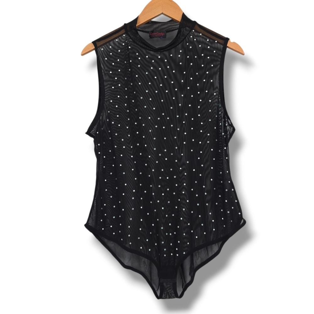 Cotton Candy Black Mesh Rhinestone Mock‎ Neck Sleeveless Bodysuit Large XL